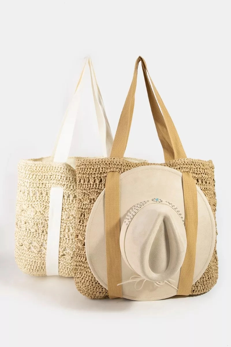 Large straw braided tote bag with hat holder from Trendsi, featuring a spacious design and woven texture.