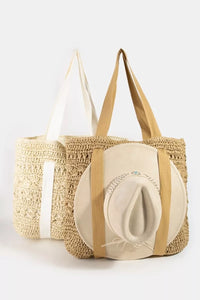 Large straw braided tote bag with hat holder from Trendsi, featuring a spacious design and woven texture.