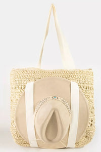 Large straw braided tote bag with hat holder from Trendsi featuring woven design and sturdy handles.
