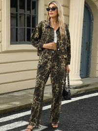 Leopard print long sleeve denim jacket with front pockets, trendy design from Trendsi, shown on a model.