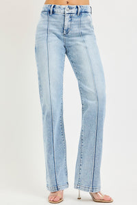 Light blue Risen Tummy Control High Rise Straight Pin Tuck Jeans from Trendsi, showing the fit and pin tuck details.