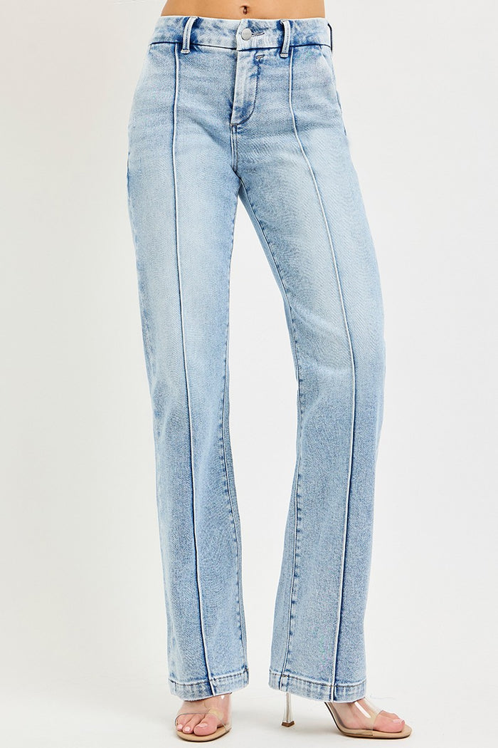 Light blue Risen Tummy Control High Rise Straight Pin Tuck Jeans from Trendsi, showing the fit and pin tuck details.