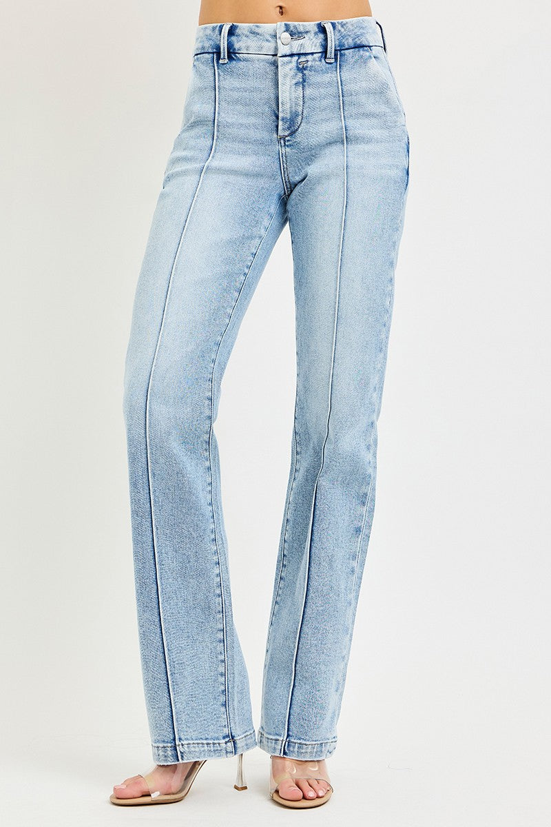Light-wash Risen Tummy Control High Rise Straight Pin Tuck Jeans by Trendsi, featuring a sleek fit and classic jean details.