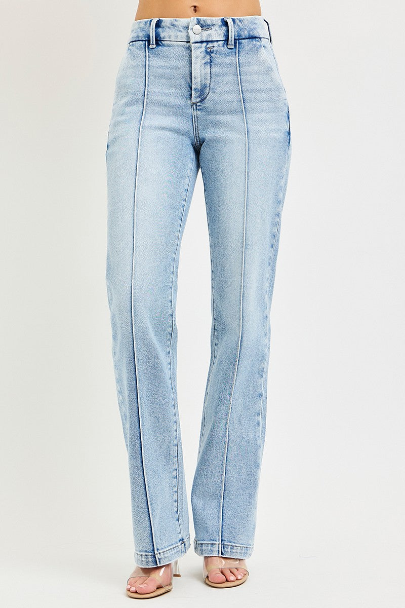 Light blue Risen Tummy Control High Rise Straight Pin Tuck Jeans from Trendsi, showcasing fit and pin tuck details.