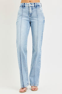 Light blue Risen Tummy Control High Rise Straight Pin Tuck Jeans from Trendsi, showcasing fit and pin tuck details.