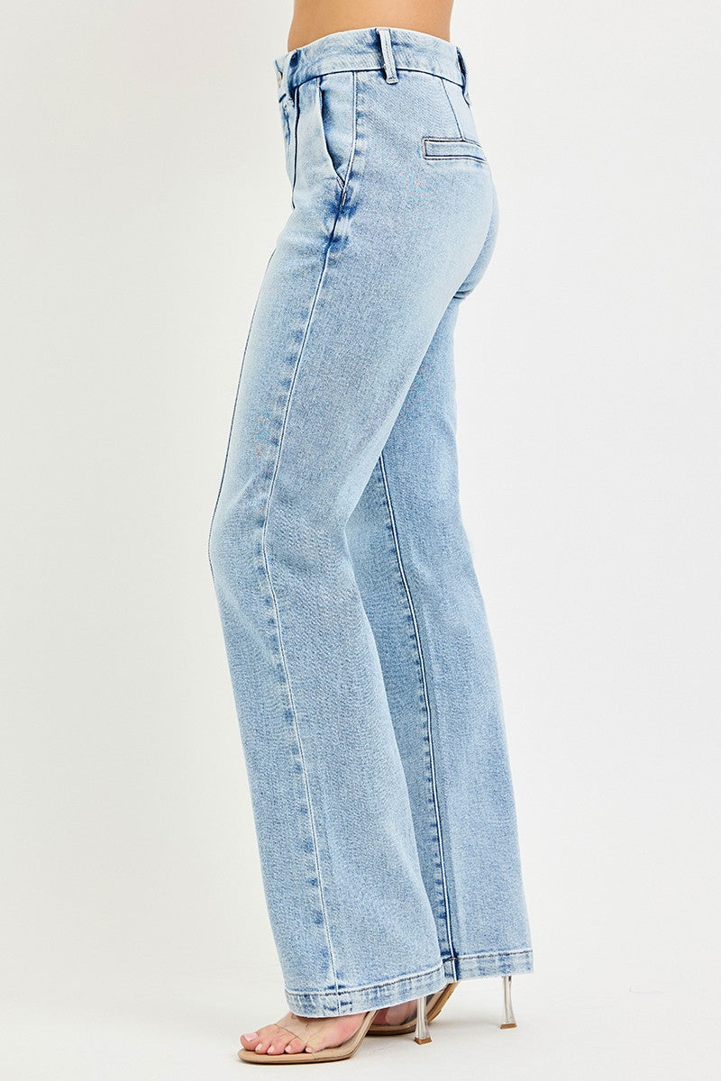 Light wash Risen Tummy Control High Rise Straight Pin Tuck Jeans by Trendsi, showing the front view with detailed pin tuck design.