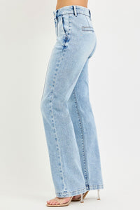 Light wash Risen Tummy Control High Rise Straight Pin Tuck Jeans by Trendsi, showing the front view with detailed pin tuck design.