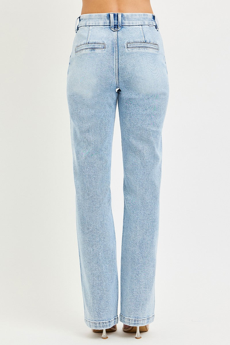 Light blue RISEN Tummy Control High Rise Straight Pin Tuck Jeans from Trendsi, showing the fit and detailed pin tuck design.