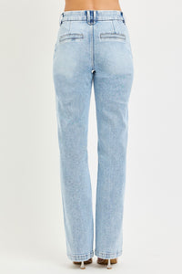 Light blue RISEN Tummy Control High Rise Straight Pin Tuck Jeans from Trendsi, showing the fit and detailed pin tuck design.