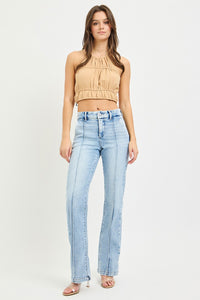 Light blue RISEN Tummy Control High Rise Straight Pin Tuck Jeans from Trendsi, with a fitted waist and classic straight leg fit.