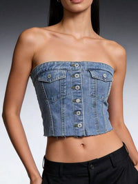 Light blue strapless denim top with button-front closure from Trendsi, styled with a fitted silhouette and sleeveless design.