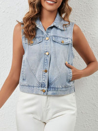 Light blue sleeveless button-up denim jacket by Trendsi, casual stylish outerwear with front pockets and classic denim design.