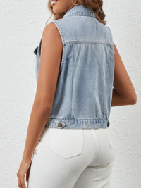 Light blue sleeveless button-up denim jacket by Trendsi, shown with front view and casual style.
