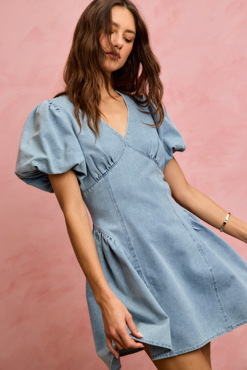 Light denim SO ME Bubble Sleeves Fit and Flare Mini Dress by Trendsi, featuring long bubble sleeves and a flattering silhouette.