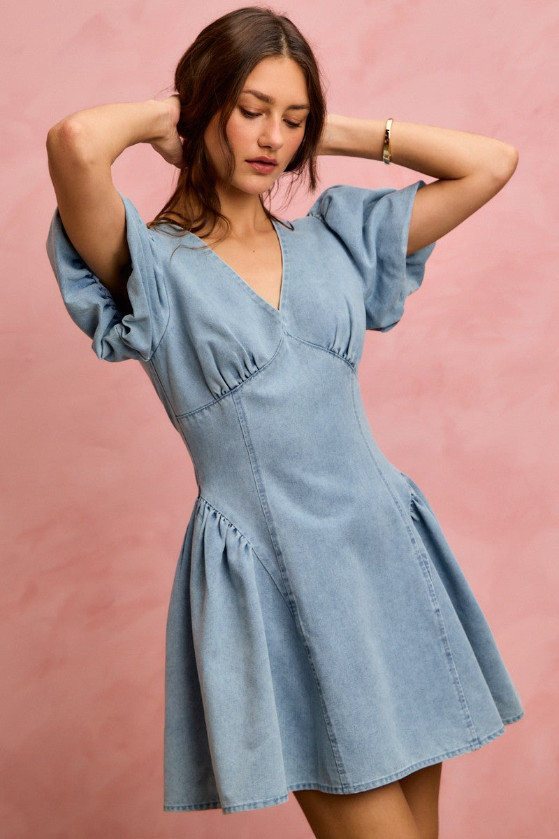 Light denim SO ME Bubble Sleeves Fit and Flare Mini Dress by Trendsi, featuring a stylish sleeved design and flattering silhouette.