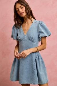 Light denim SO ME Bubble Sleeves Fit and Flare Mini Dress by Trendsi featuring long bubble sleeves and a flattering silhouette.