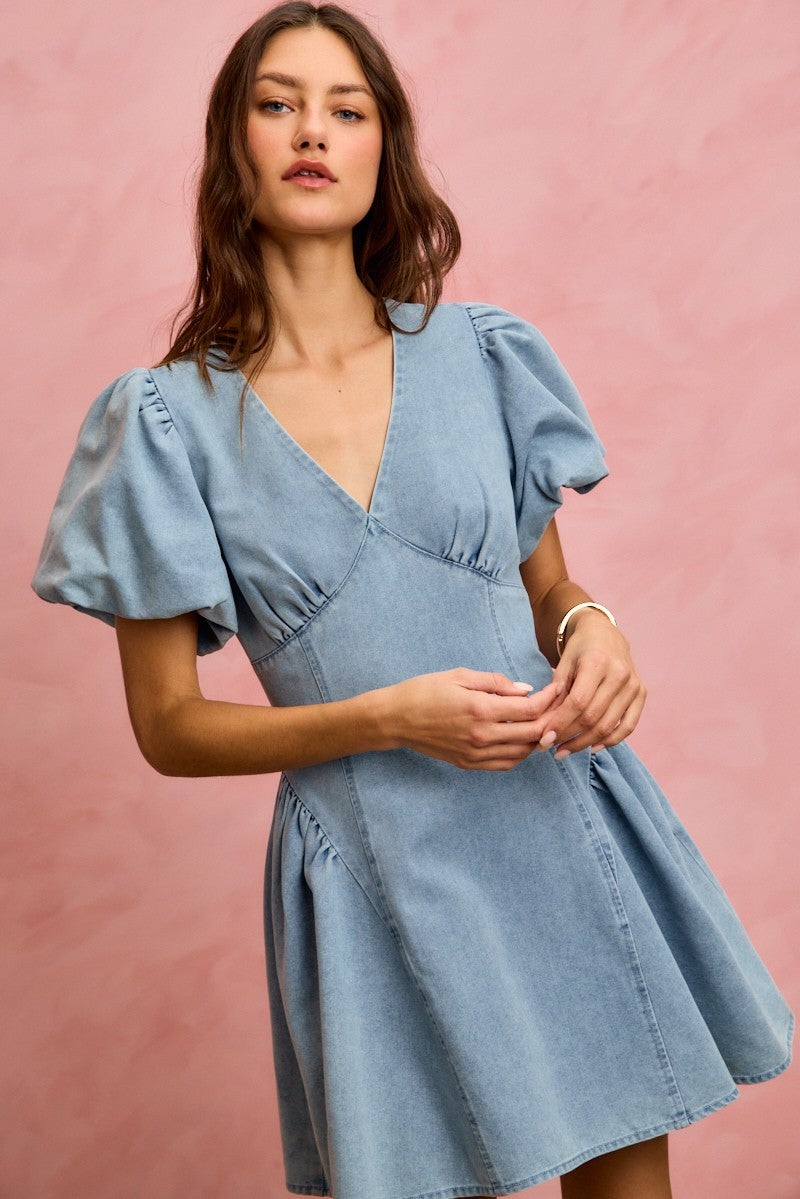 Light denim SO ME Bubble Sleeves Fit and Flare Mini Dress by Trendsi, featuring long bubble sleeves and a flattering silhouette.
