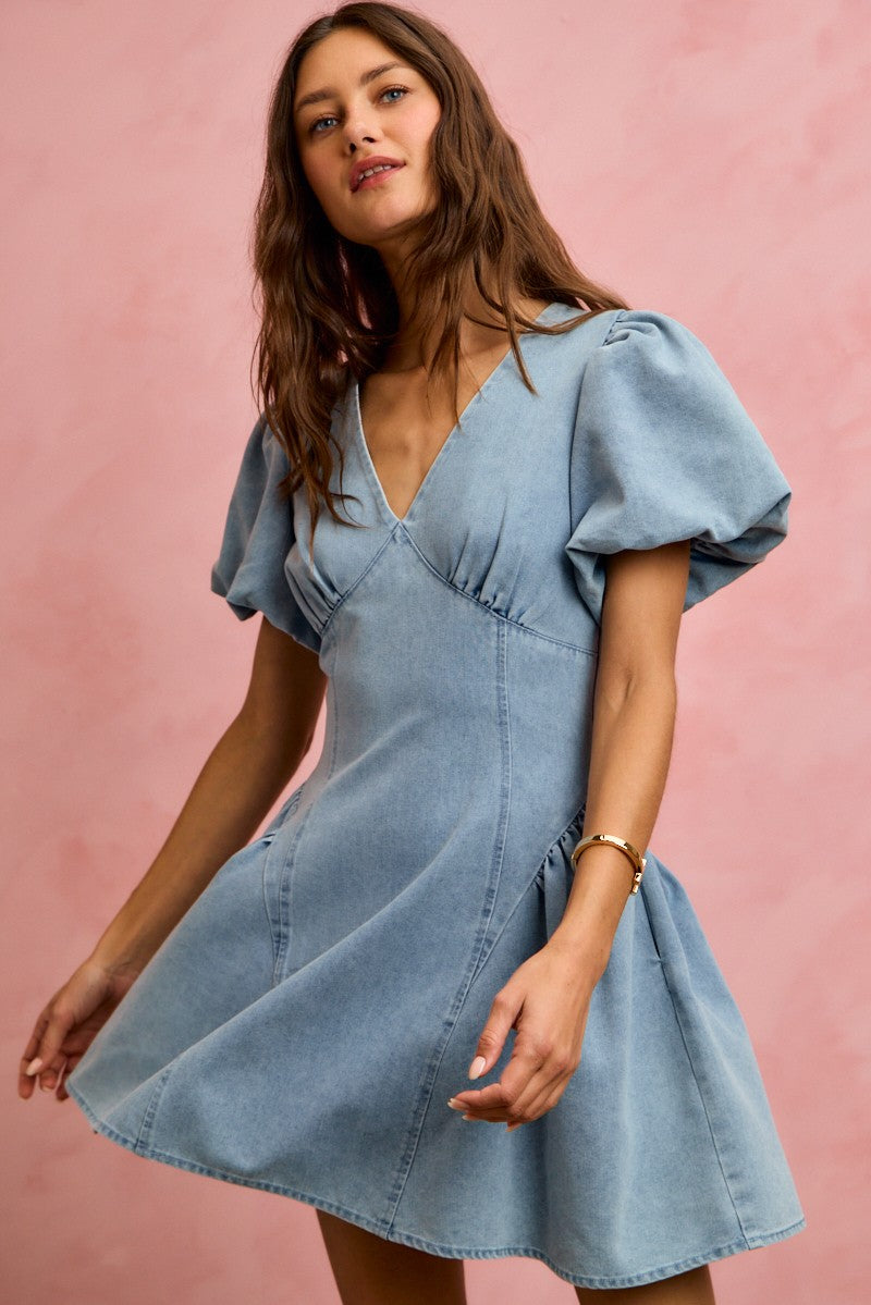 Light denim fit and flare mini dress with bubble sleeves from SO ME by Trendsi, showcased on a model.