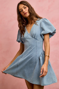 Light denim fit and flare mini dress with bubble sleeves from SO ME by Trendsi, styled with a flattering silhouette.