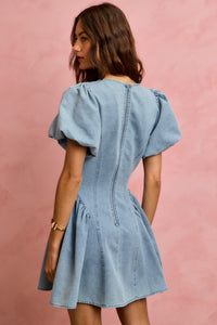 Light denim mini dress with bubble sleeves and fit-and-flare silhouette from Trendsi, showcasing casual yet stylish design.