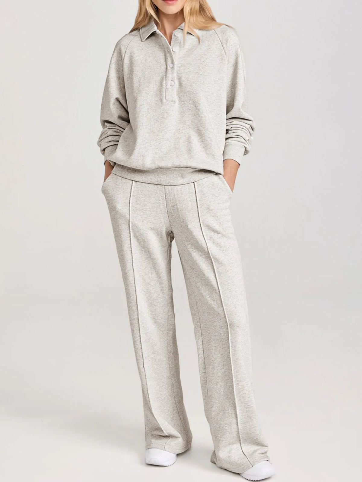 Light gray collared sweatshirt and high-waist pants active set by Trendsi, casual athletic wear for comfortable style.