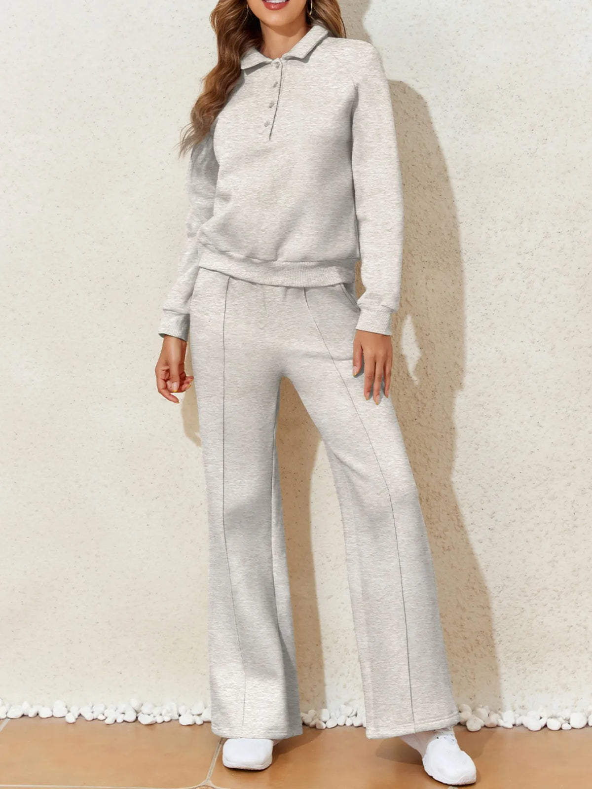 Light gray collared sweatshirt and high-waist pants active set by Trendsi, casual athletic wear for comfortable style.