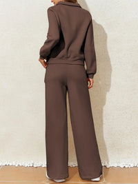 Light gray collared sweatshirt and high-waist pants active set by Trendsi, casual loungewear with a relaxed fit.