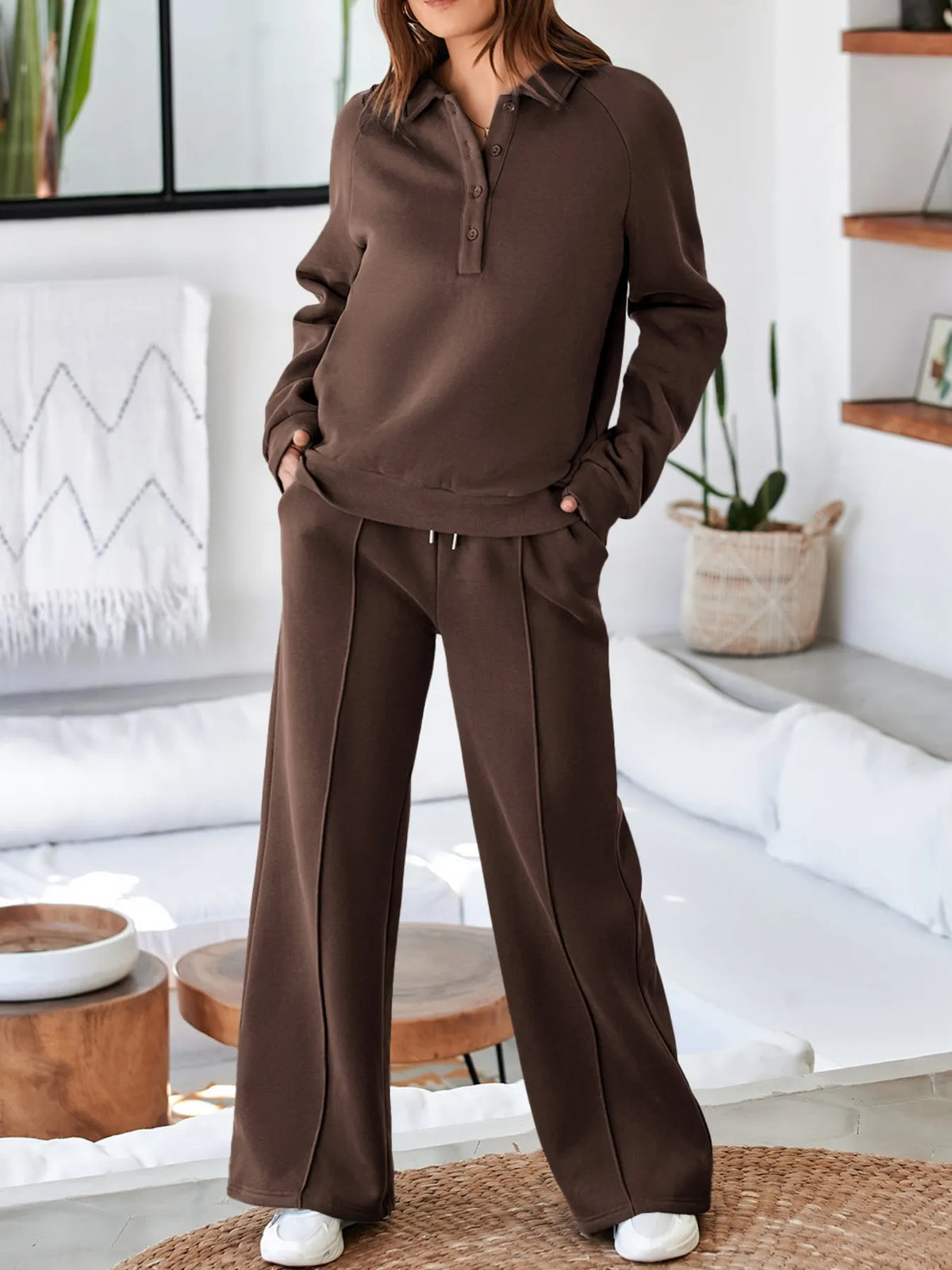 Light gray collared sweatshirt and high-waist pants active set by Trendsi, casual loungewear with a comfortable fit.