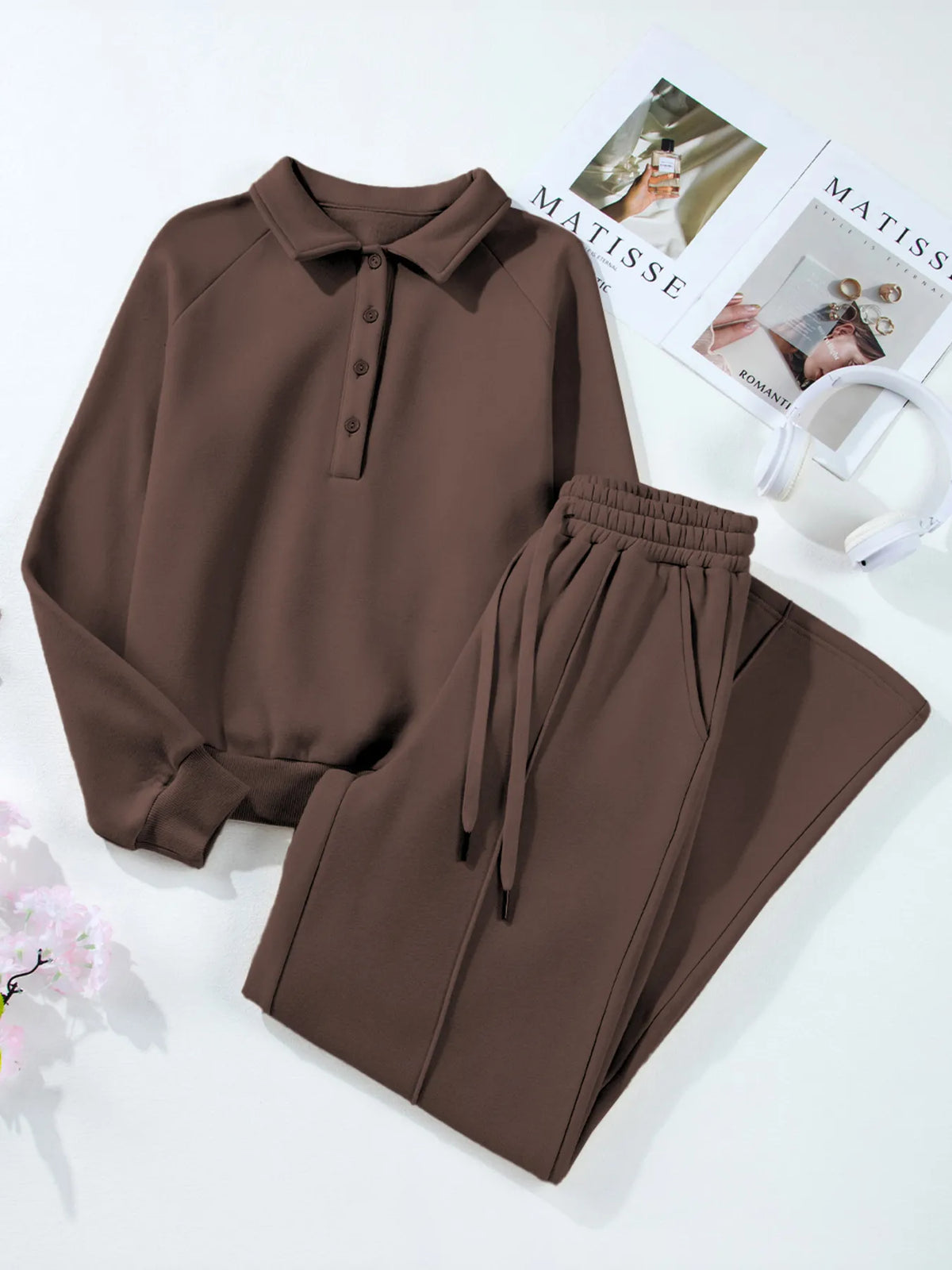 Light gray collared sweatshirt and high-waist pants active set from Trendsi, casual athletic wear for comfortable style.