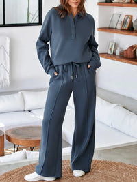 Light gray collared sweatshirt and high-waist pants active set by Trendsi, stylish athletic loungewear for women.