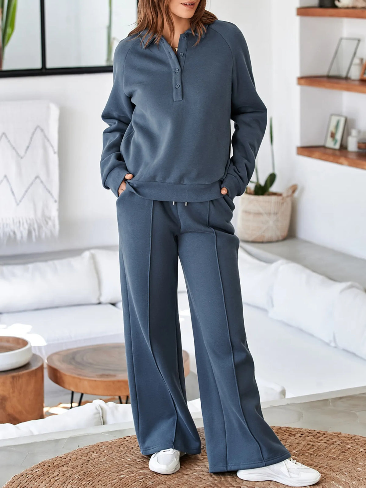 Light gray collared sweatshirt and high waist pants active set by Trendsi, casual loungewear with comfortable, stylish fit.