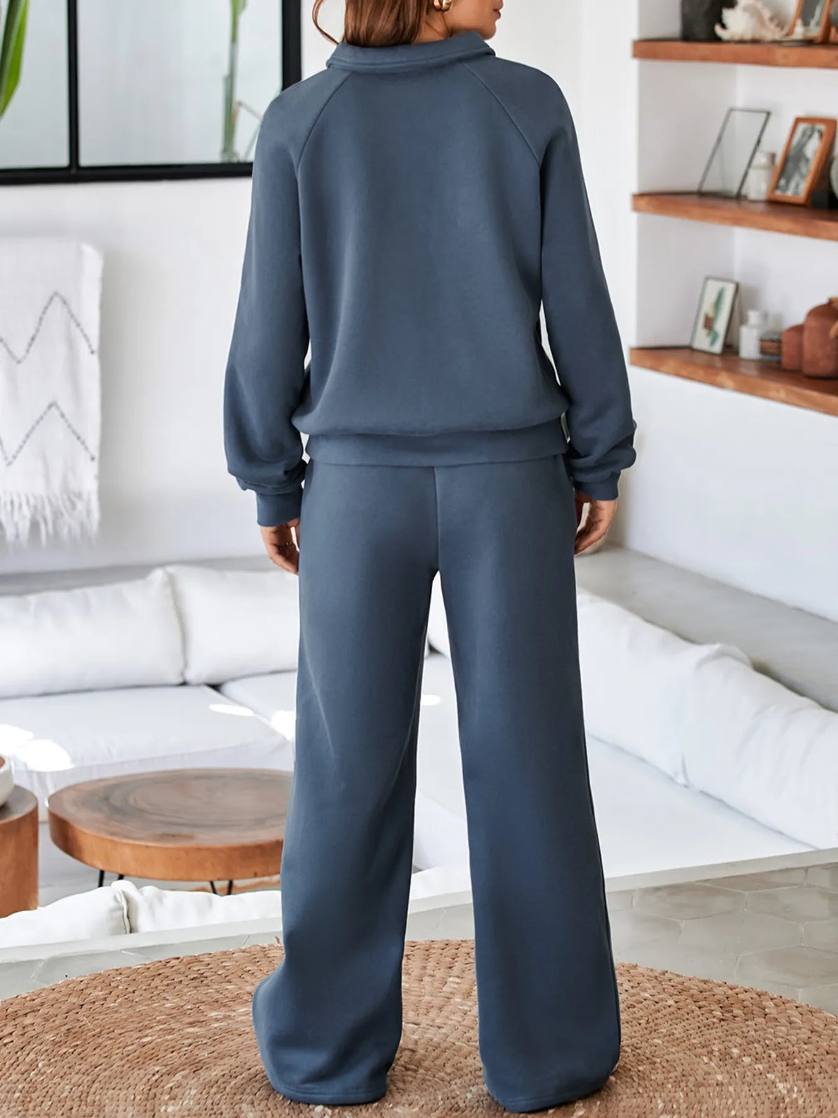 Light gray collared sweatshirt and high-waist pants active set by Trendsi, comfortable athletic wear for casual or workout use.