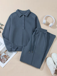 Light gray collared sweatshirt and high-waist pants active set by Trendsi, casual athleisure outfit for comfortable style.