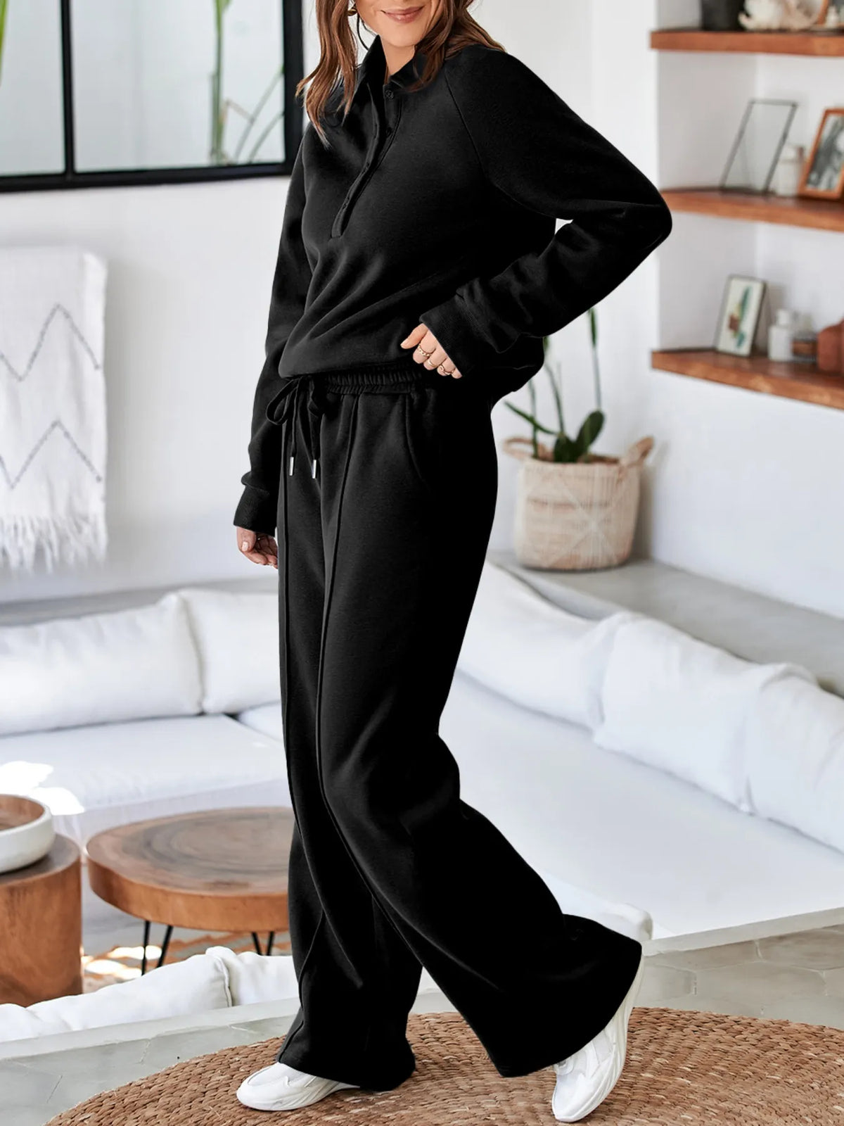 Light gray collared sweatshirt and high-waist pants active set by Trendsi, casual athletic wear for comfortable everyday style.