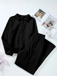 Light gray collared sweatshirt and high-waist pants active set by Trendsi, casual athletic wear for women.