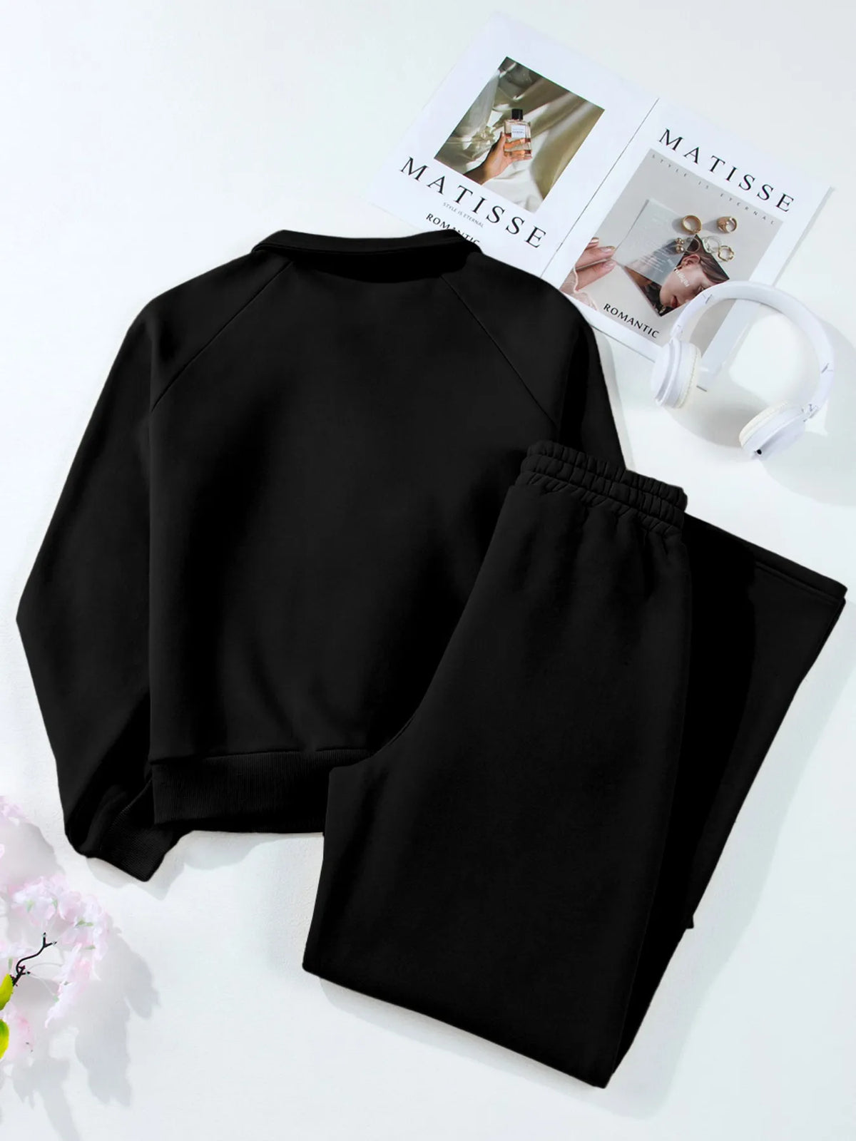 Light gray collared sweatshirt and high-waist pants active set by Trendsi, casual athletic wear for comfortable style.