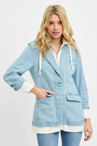 Light gray RISEN One Button Blazer with Hoodie jacket by Trendsi, featuring a casual fit and single button closure.