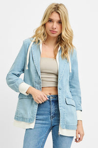 Light gray RISEN One Button Blazer with Hoodie Jacket by Trendsi, featuring a stylish single-button design and casual hoodie detail.