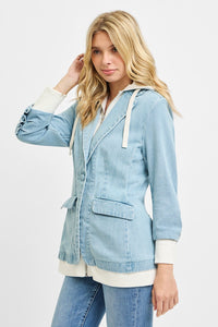 Light gray RISEN One Button Blazer with Hoodie jacket by Trendsi, featuring a single button, hood, and tailored fit.