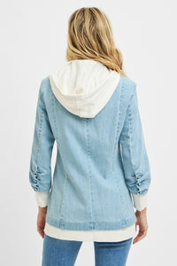 Light grey RISEN one-button blazer with hoodie from Trendsi, shown on a model, featuring a tailored fit and casual-chic style.