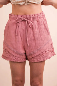 Trendsi VERY J lace contrast woven shorts featuring lace detailing and a stylish woven fabric design.