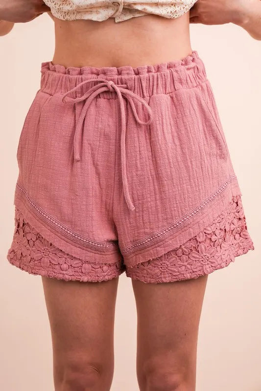 Trendsi VERY J lace contrast woven shorts featuring lace detailing and a stylish woven fabric design.