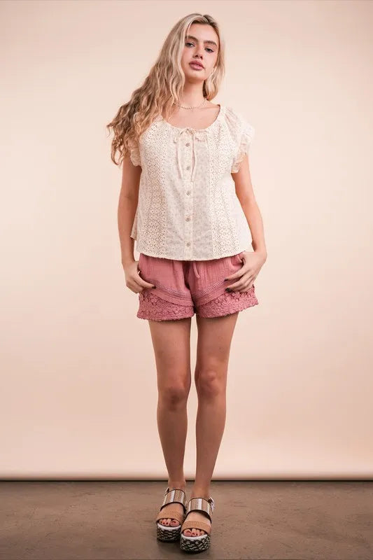 Trendsi VERY J lace contrast detail woven shorts featuring lace accents and a relaxed fit, perfect for casual summer wear.