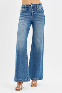 Trendsi RISEN high-rise wide-leg jeans with front yoke and heart-shaped back pockets, denim fabric, and relaxed fit.