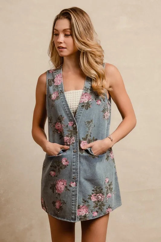 BiBi floral print washed denim long rider vest by Trendsi, featuring a stylish floral pattern and classic denim texture.