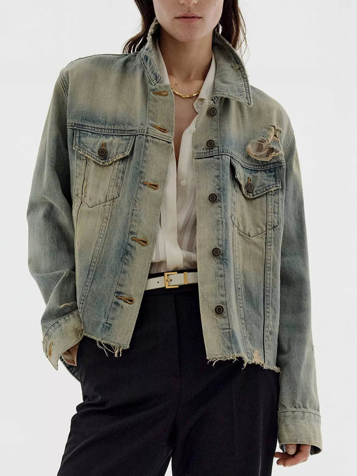 Distressed wash button-up denim jacket from Trendsi, showing the front view with a casual, vintage-inspired style.