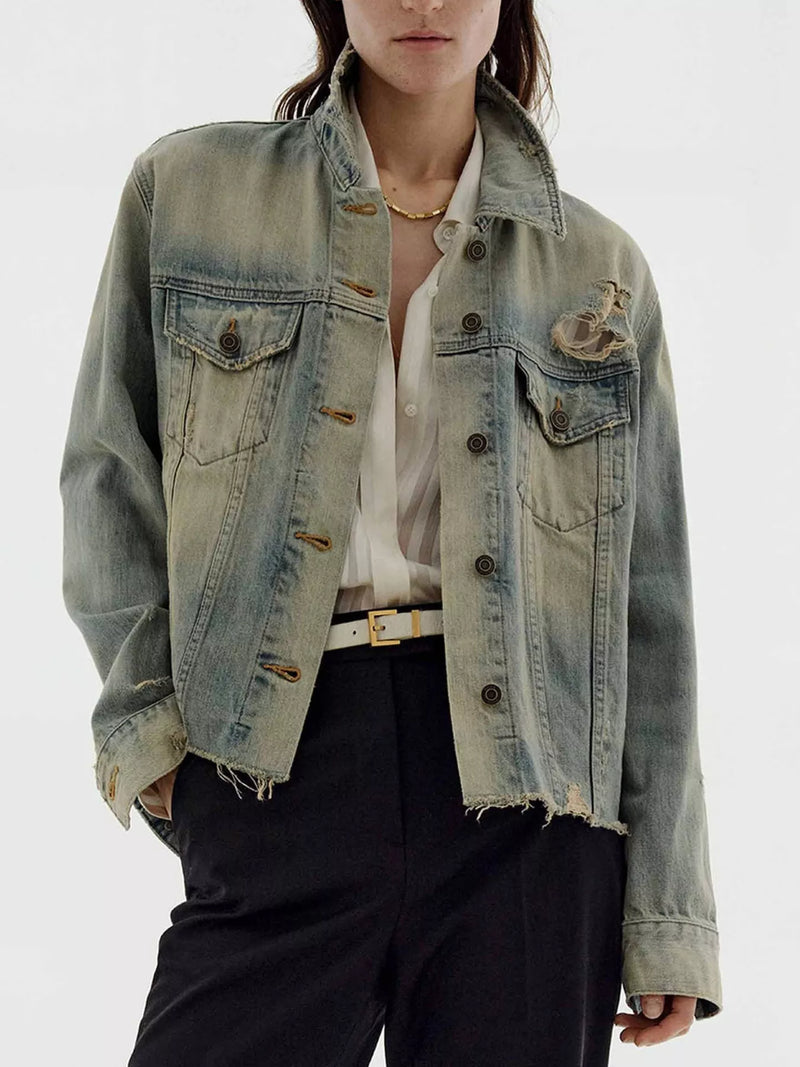 Distressed wash button-up denim jacket from Trendsi, showing the front view with a casual, vintage-inspired style.