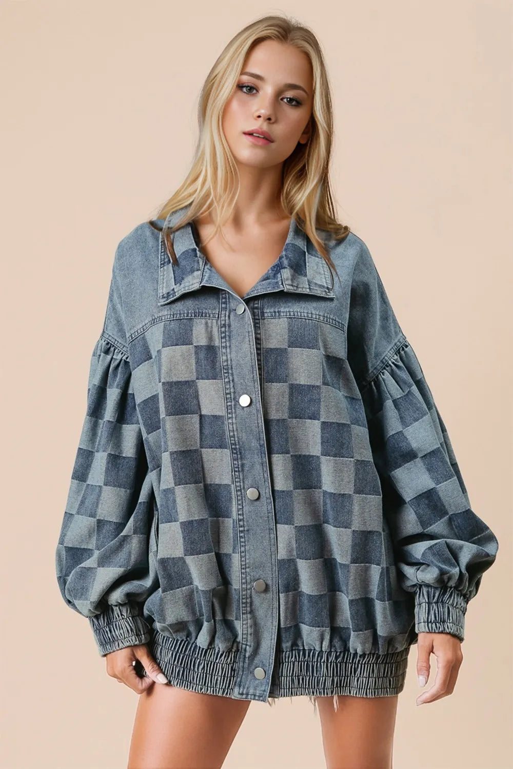 Medium image of a Trendsi double take checkered button-up denim jacket featuring classic checkered pattern and front button closure.