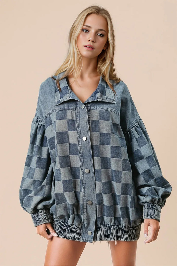 Medium image of a Trendsi double take checkered button-up denim jacket featuring classic checkered pattern and front button closure.