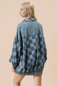 Medium-sized Trendsi double take checkered denim jacket with button-up front, stylish casual outerwear for women.